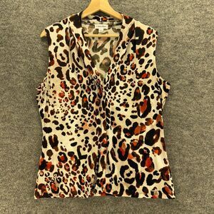 Calvin Klein Blouse Women L Large Beige Animal Print Collared Sleeveless Casual